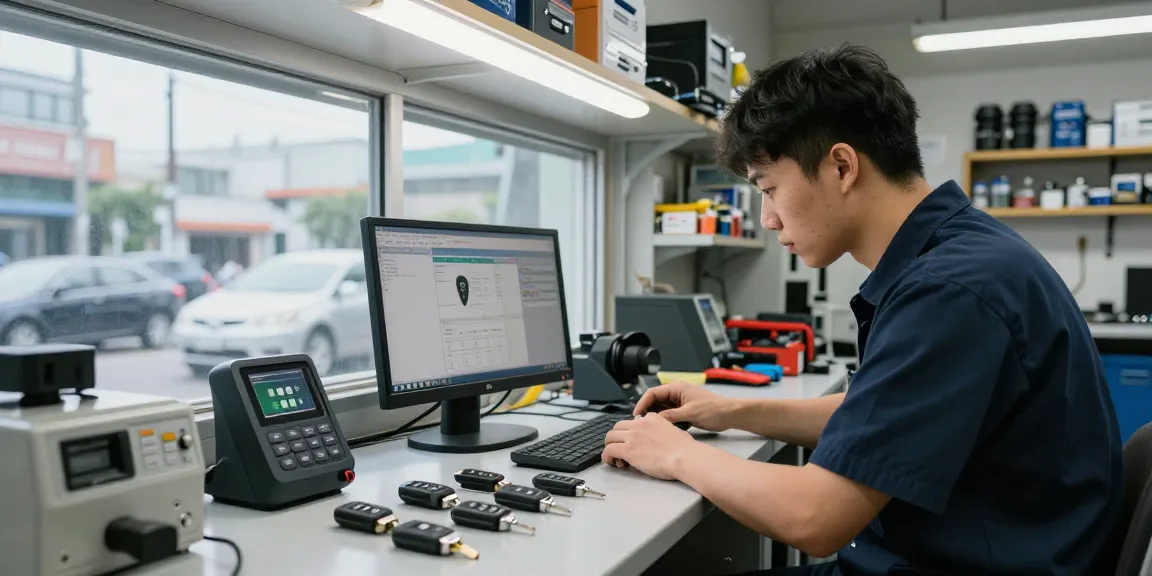 Techniker programmiert Autoschlüssel, verschiedene Modelle auf dem Tisch, Siehe hier für Lösungen.
