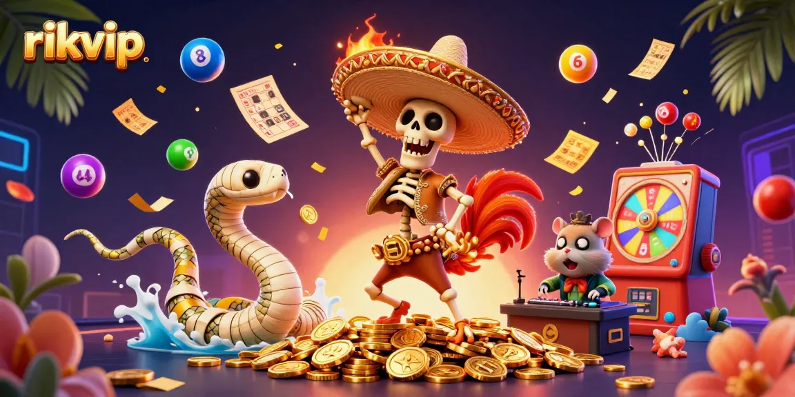 Win big with rikvip in this vibrant casino celebration featuring a skeleton mariachi and lively game elements.