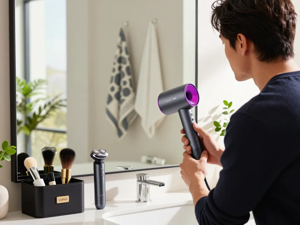 Pflegeszene mit dem Laifen NEO Haartrockner in einem luxuriösen Badezimmer.
