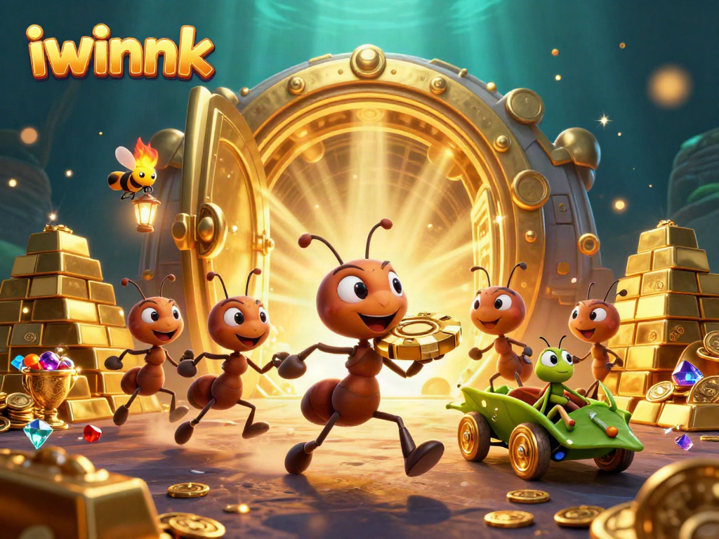 Join the adventure with iwinnk's cartoon ants heisting a giant poker chip amidst treasure