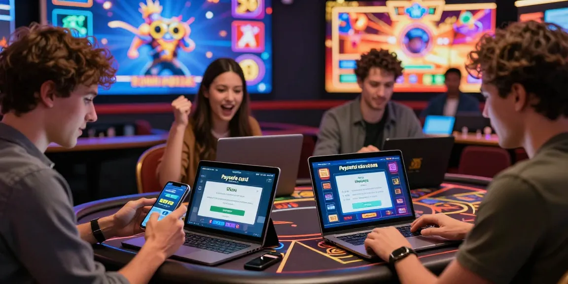 Aufgeregte Spieler feiern Gewinne in einem Paysafe Card Casino und zeigen eine lebhafte Online-Spielatmosphäre.