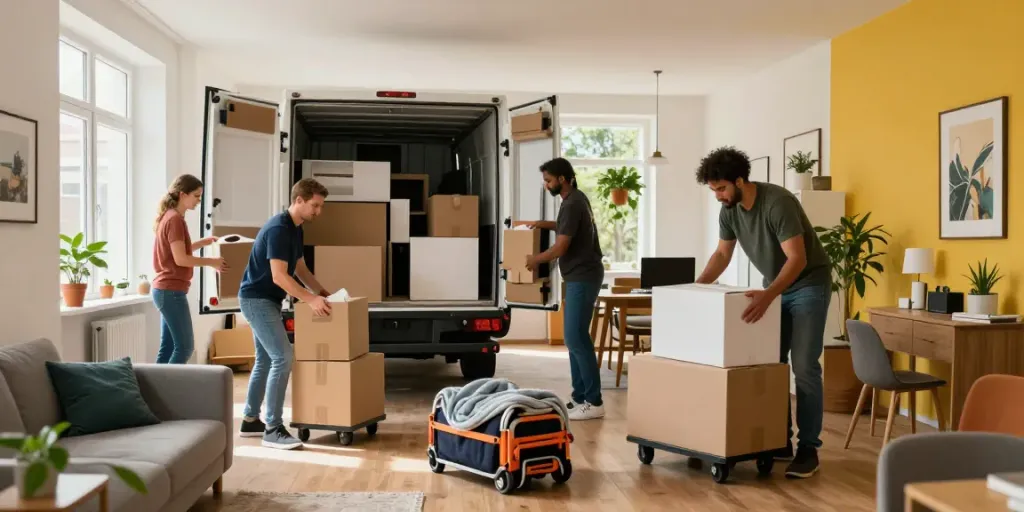 Professionelles Team bei einer Wohnungsauflösung in Berlin Charlottenburg, Möbel werden sorgfältig verpackt und verladen.