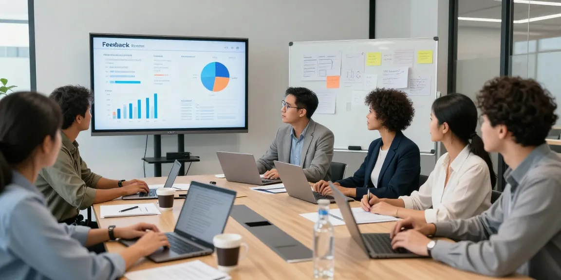 Moderne Arbeitsumgebung mit Fachleuten, die an der Feedback Kultur arbeiten und Ideen austauschen.