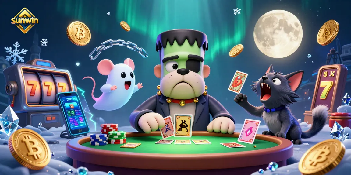 Engage with sunwin's thrilling casino scene featuring cartoon characters and crypto elements for gamers.