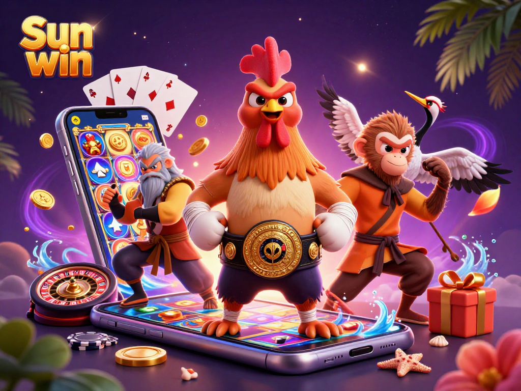 Engage in thrilling slots and games with Sun win, featuring colorful characters and casino richness.