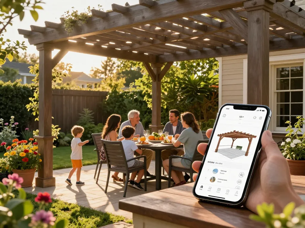 Erleben Sie ein realistisches 3D-Design einer Pergola in einer lebhaften Außenumgebung, während die Familie ihren Garten genießt.