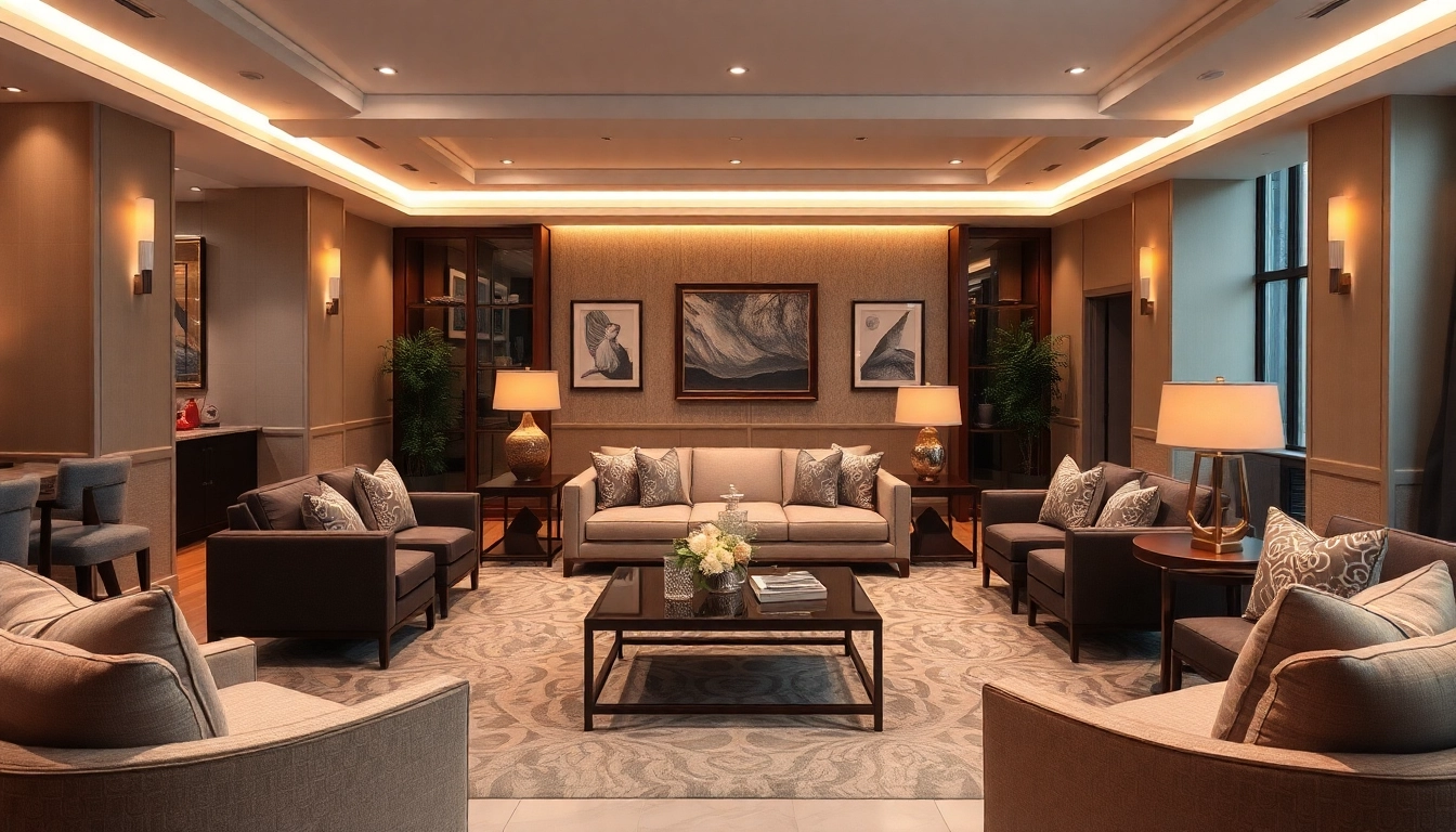 Experience luxury in a beautifully designed lounge with elegant furniture and warm lighting.