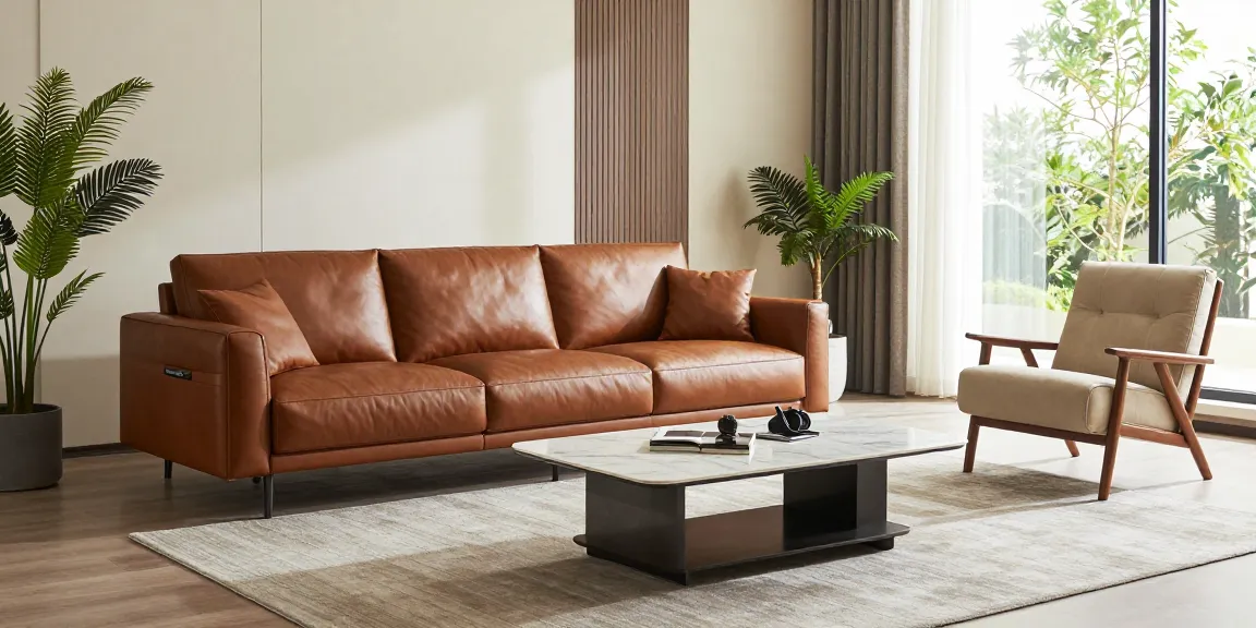 Baxter Möbel Erfahrungen in einem schicken Wohnzimmer mit hochwertigem Ledersofa und eleganter Dekoration.