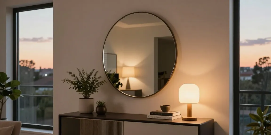 Schickes Wohnzimmer mit einem asymmetrischen Spiegel, der moderne Dekoration verbessert.