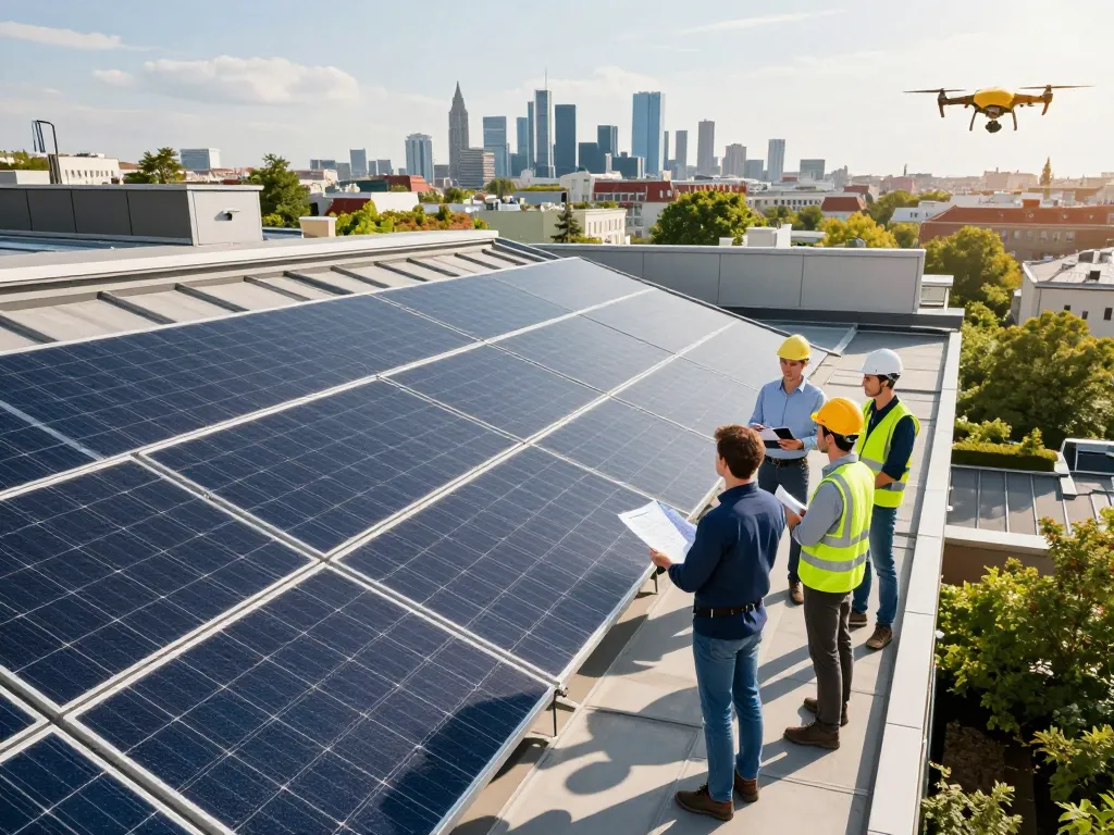 Ingenieure überprüfen Solarpanels in Wien und demonstrieren die Vorteile von Solar Wien.