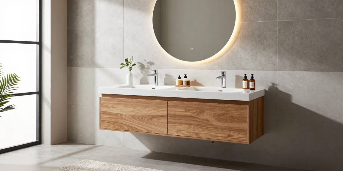 Modern badmeubel met slanke dubbele wastafel in een stijlvolle badkameromgeving.