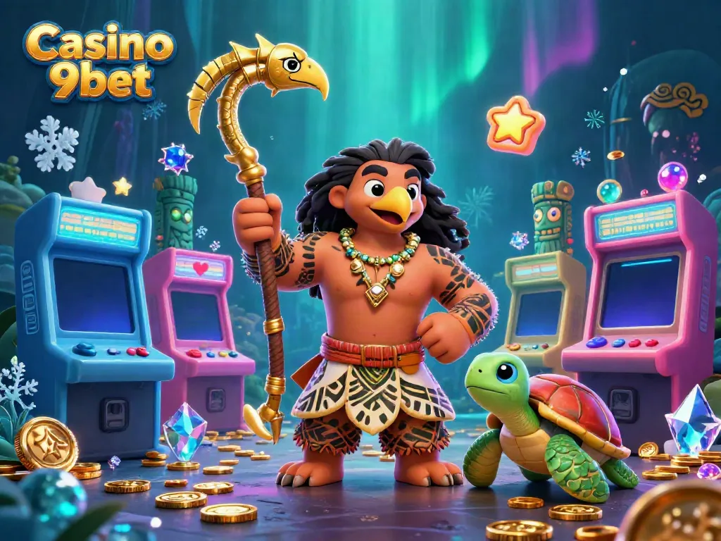 Experience the excitement of Casino 9bet through vibrant tribal characters and arcade game elements.