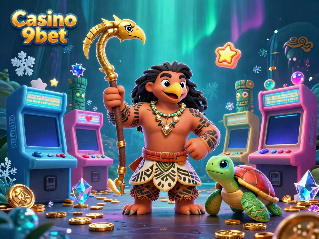 Experience the excitement of Casino 9bet through vibrant tribal characters and arcade game elements.