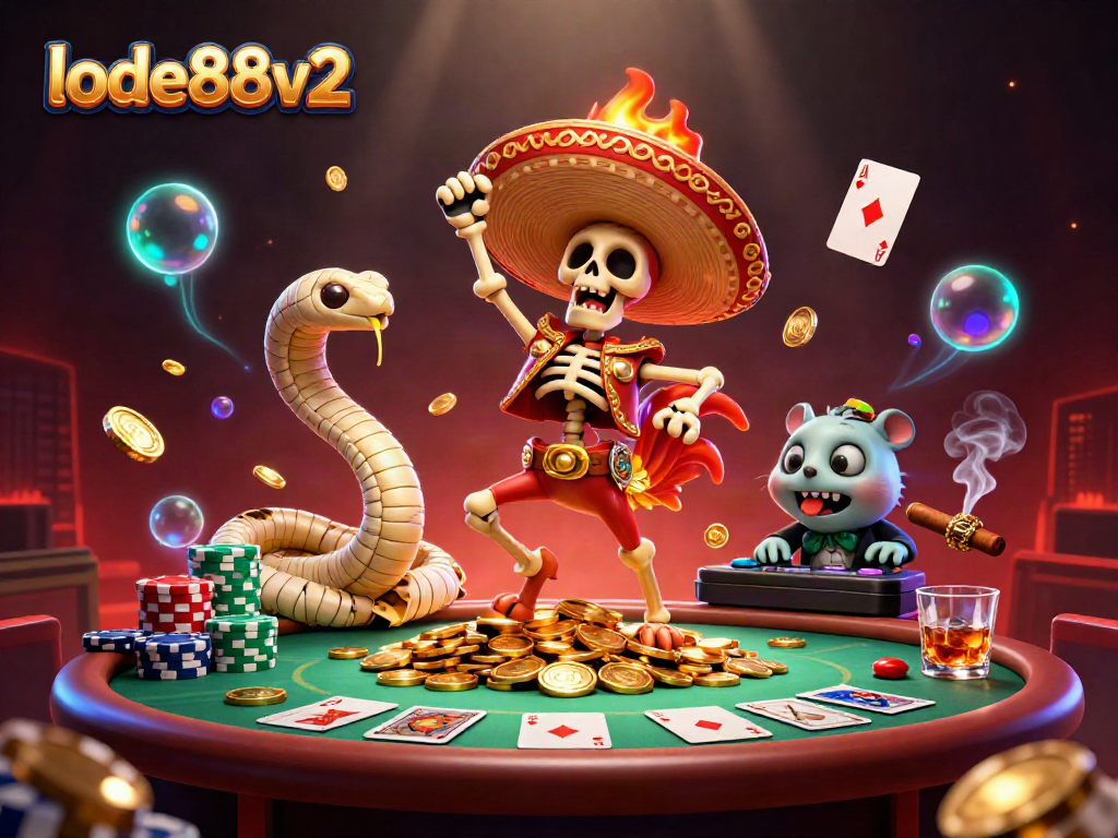 Experience the thrill of lode88v2 with a vibrant casino scene featuring a mariachi rooster, mummy snake, and zombie DJ.