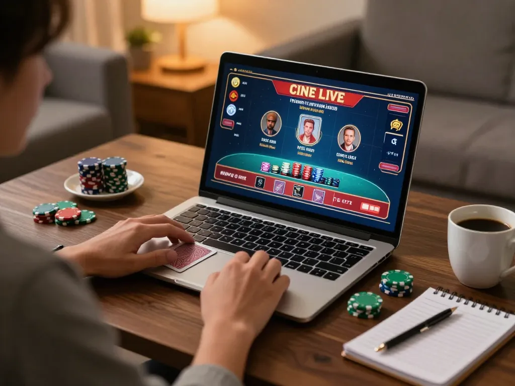 Experience fun79 online gaming with a cozy setup, featuring live casino action on screen.