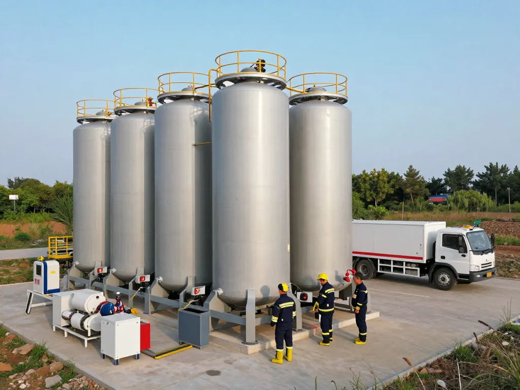 Löschwasserzisterne für Industriehalle in einer modernen Industrieanlage mit Mitarbeitern, die Brandschutzlösungen bewerten.