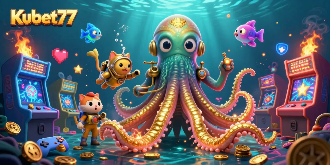 Win big with Kubet77 at exciting games featuring golden kraken and diving cat in a colorful casino world.