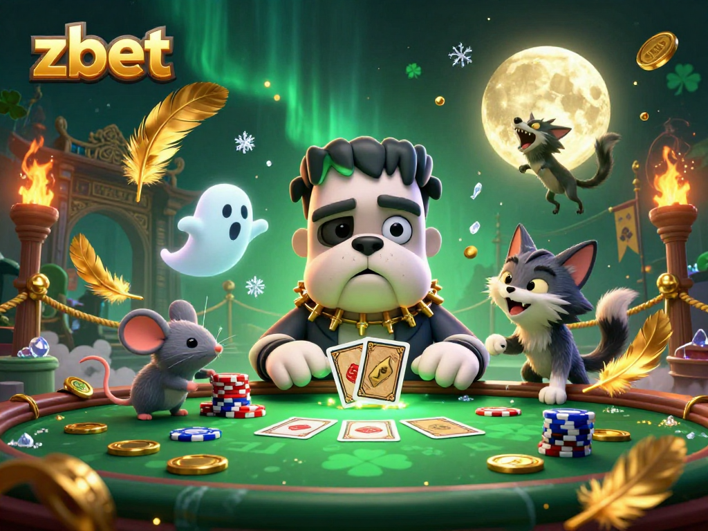 Experience thrilling zbet action with the Frankenstein bulldog dealer at a haunted casino table