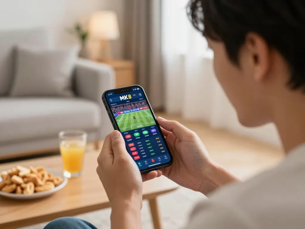 Engaged player using MK8 app for sports betting during an exciting game night, showcasing live odds and mobile interface