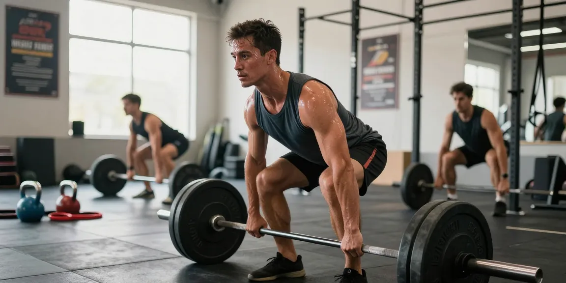 Anabolika Shop: Athlet beim Deadlift-Training im Fitnessstudio, umgeben von Sportgeräten und motivierenden Plakaten.