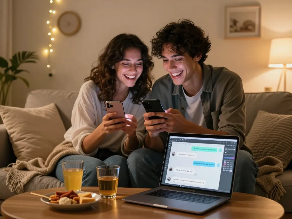 Couple engaging in playful sexting AI conversations in a cozy living room