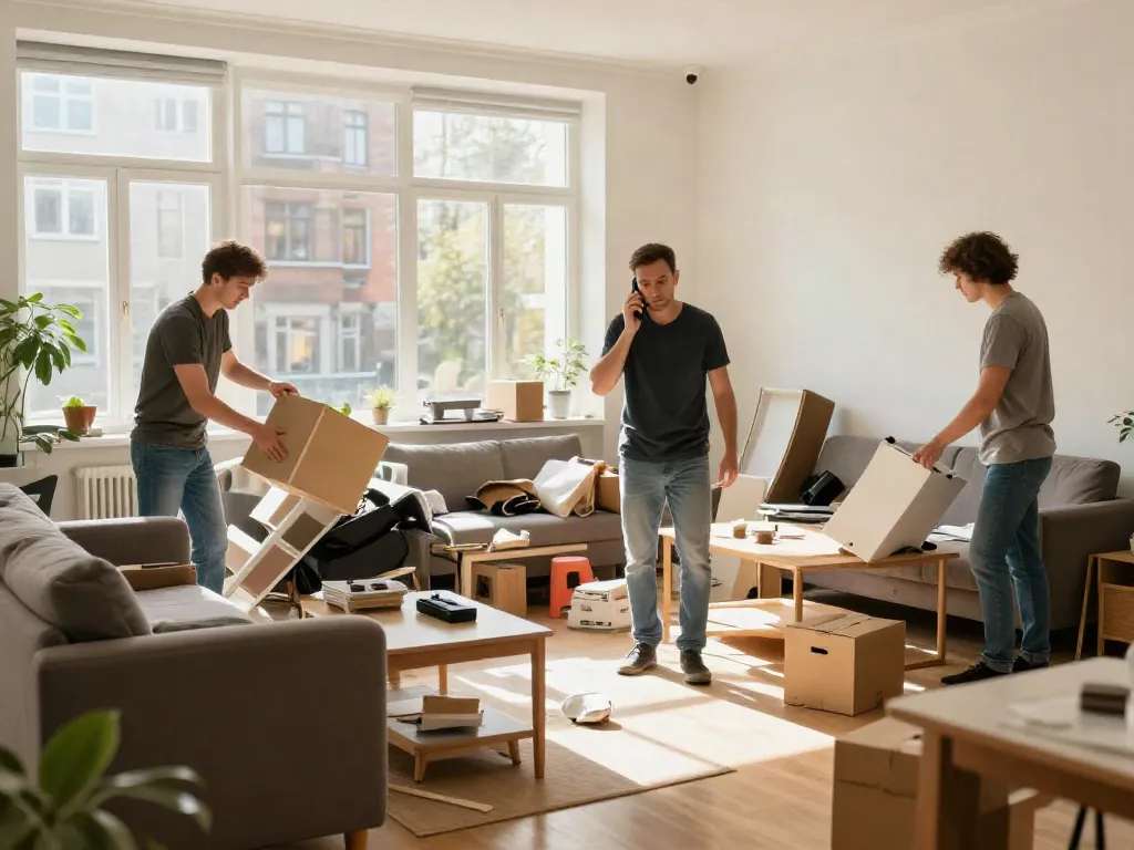 Professionelle Wohnungsentrümpelung Berlin, Team im Einsatz, klare Kommunikation, zuverlässige Möbelentsorgung.