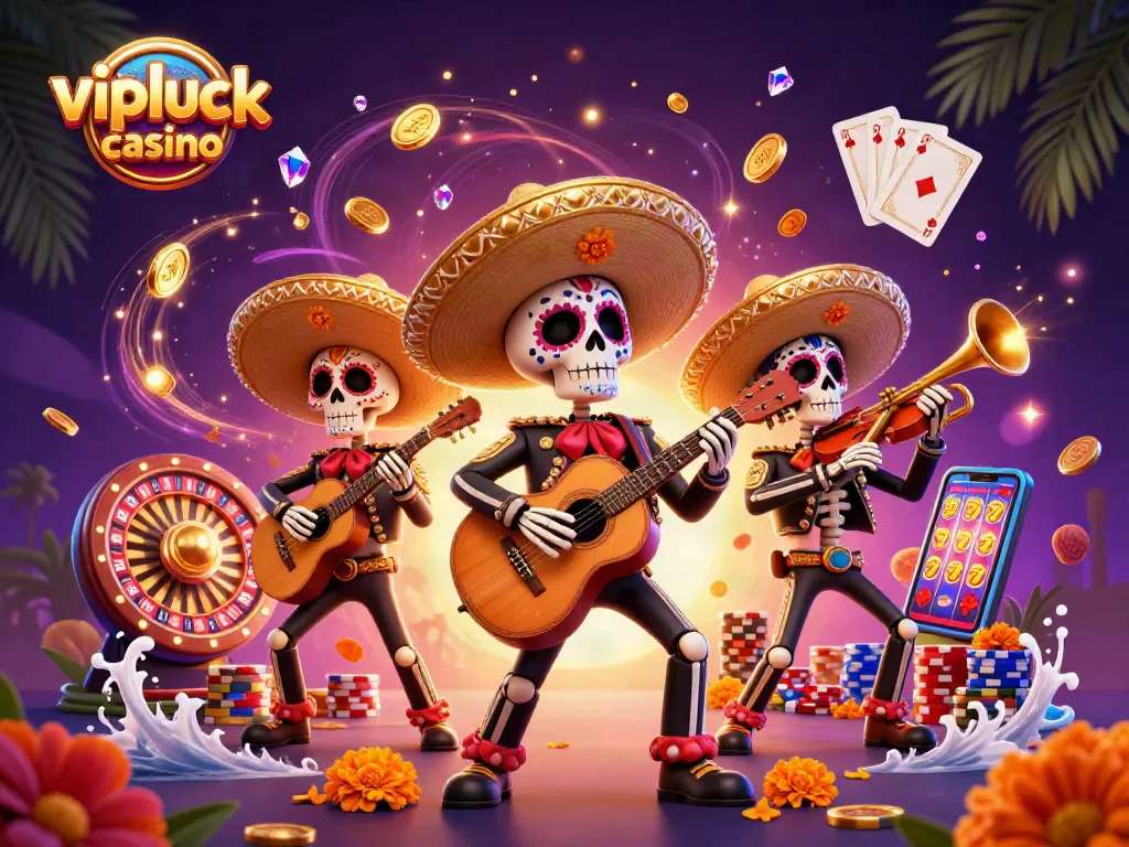Experience exciting gameplay at vipluck casino with vibrant 3D mariachi characters in a lively scene.