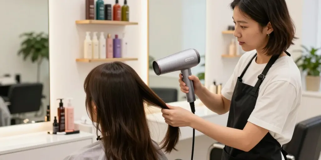 The Laifen Mini haartrockner in action at a modern salon, demonstrating compact design and high performance in a vibrant beauty setting.