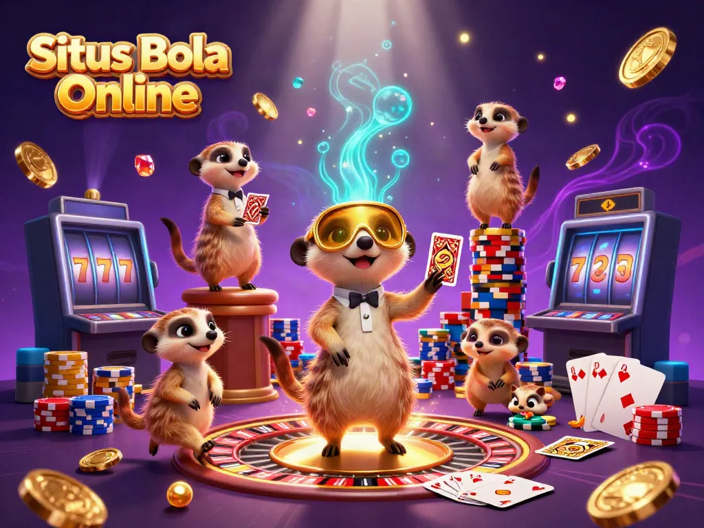Situs Bola Online shows meerkats engaging in casino operations with vibrant graphics and casino elements