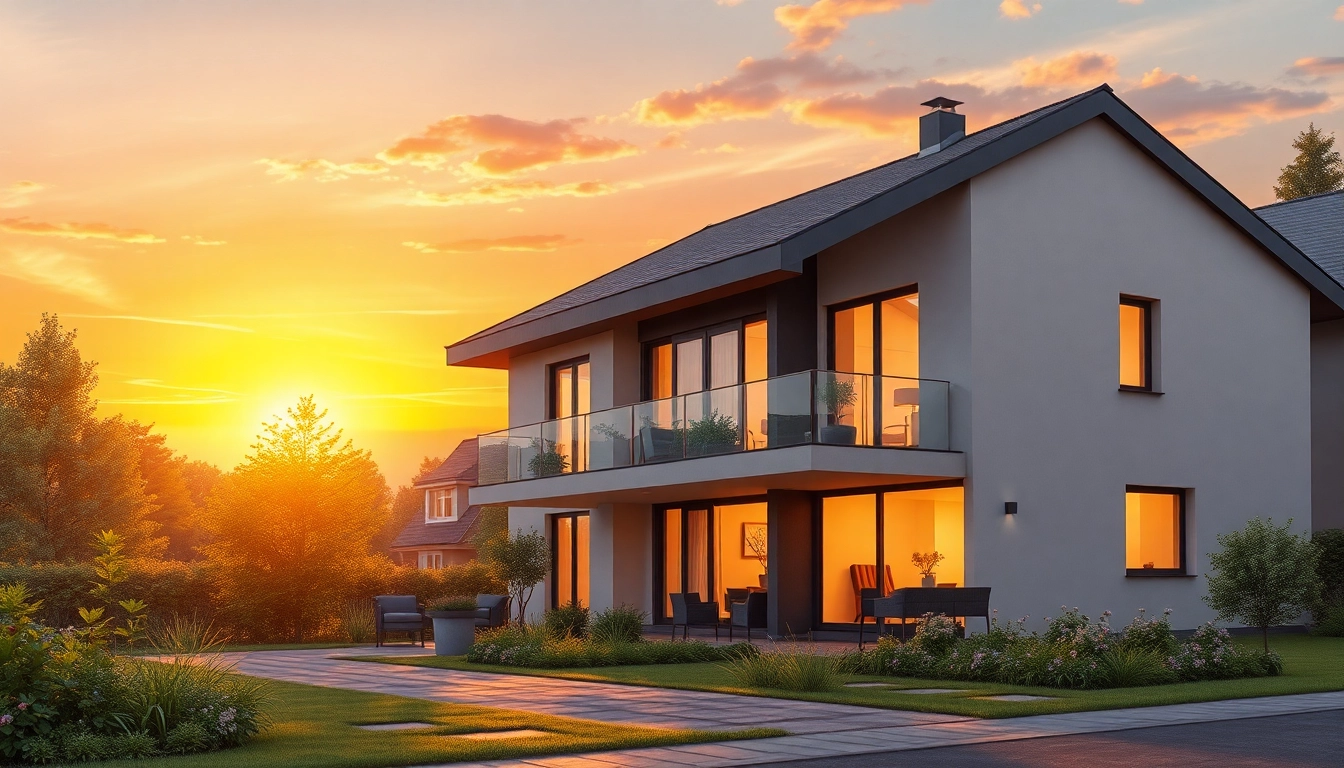 Architektur visualisierung eines fotorealistischen modernen Wohnhauses im Sonnenuntergang.