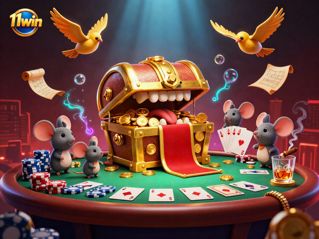 Win big with 11win in this vibrant 3D treasure chest illustration, showcasing poker excitement.