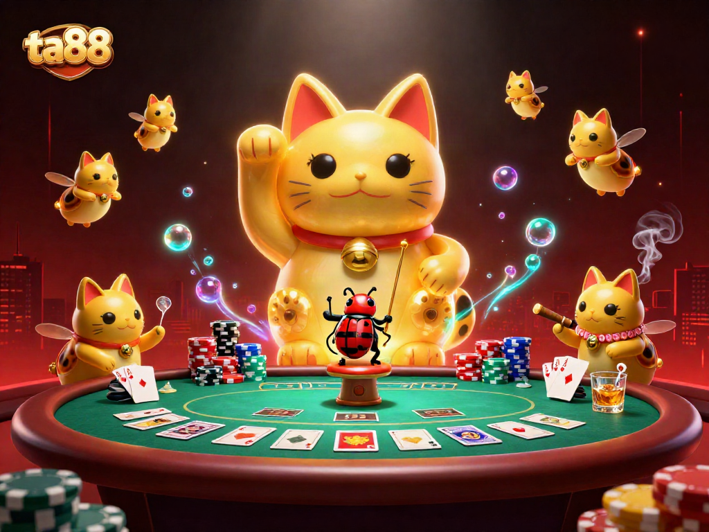 Win big at ta88 with the giant lucky cat symbol, controlled by a beetle conductor in a vibrant casino scene.