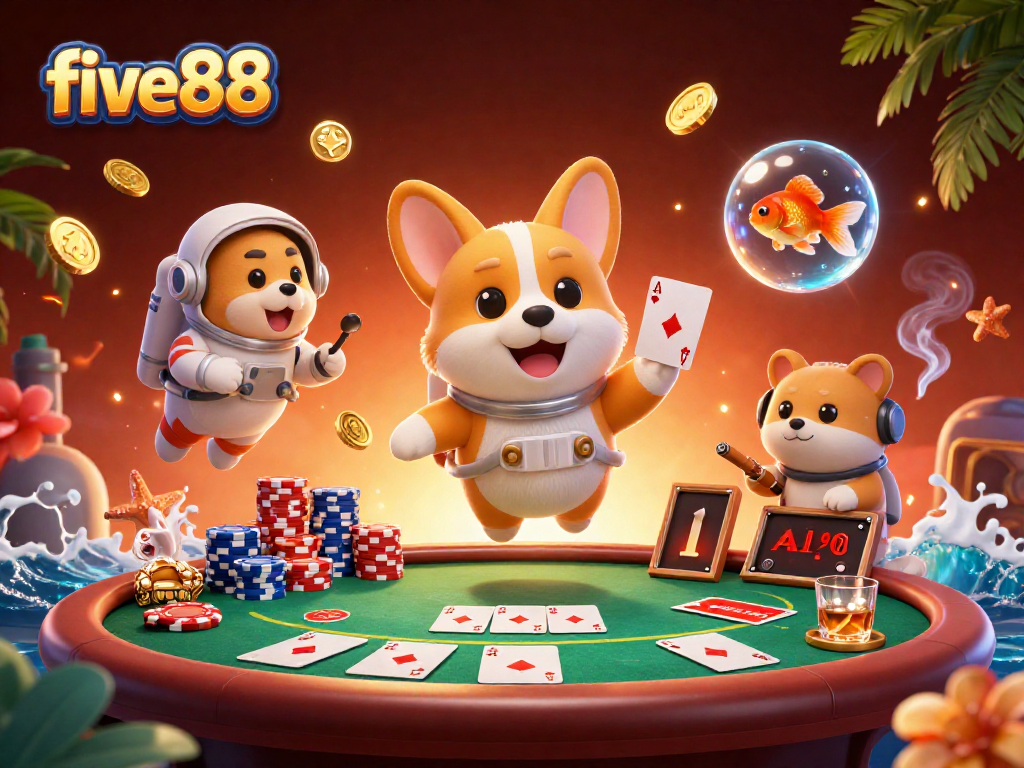 Experience five88's thrilling space-themed casino with vibrant chips and lively characters.