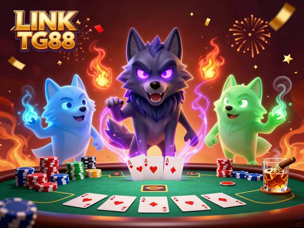 Engage with LINK TG88 as the ghostly wolf pack leader plays poker, surrounded by vibrant casino elements.