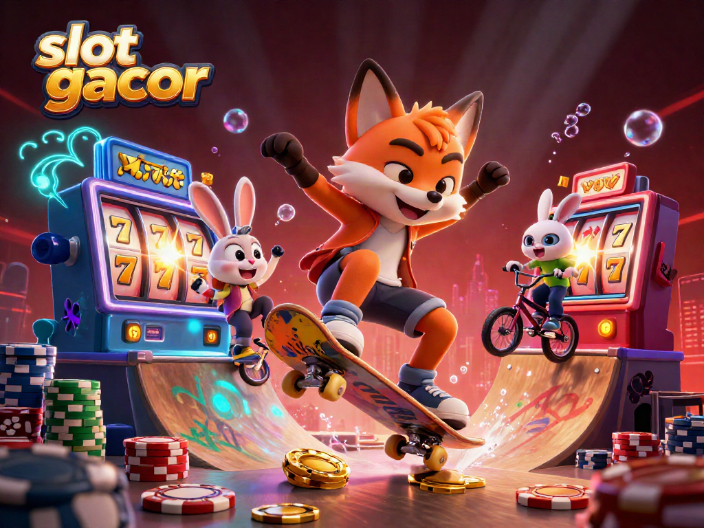 Engaging slot gacor scene featuring a skateboarder fox and BMX rabbit in a vibrant casino