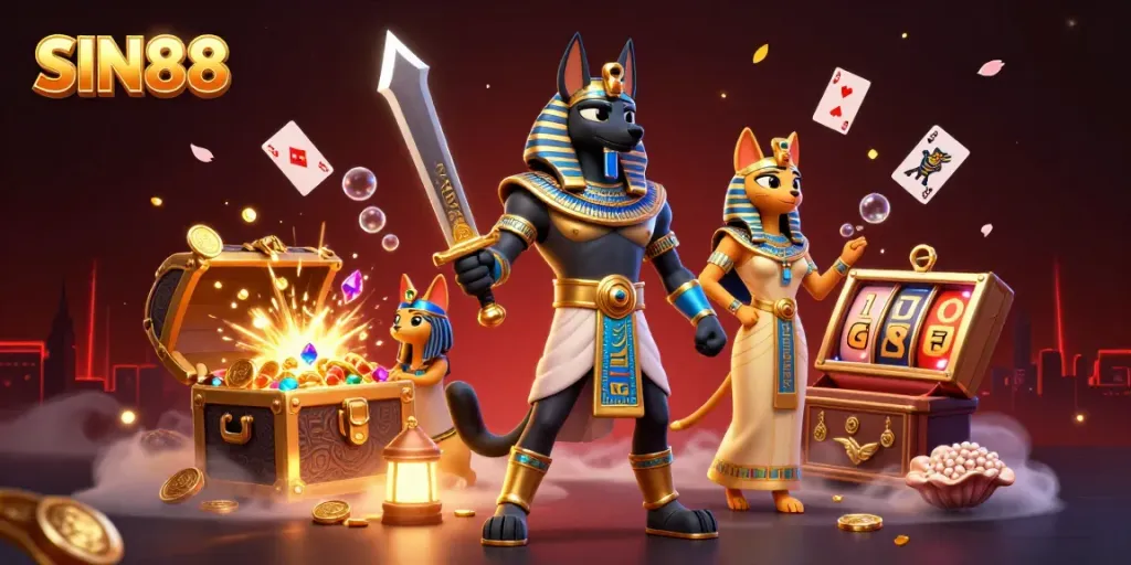 SIN88 showcases a colorful 3D scene with Anubis and Bastet in a vibrant casino setting.