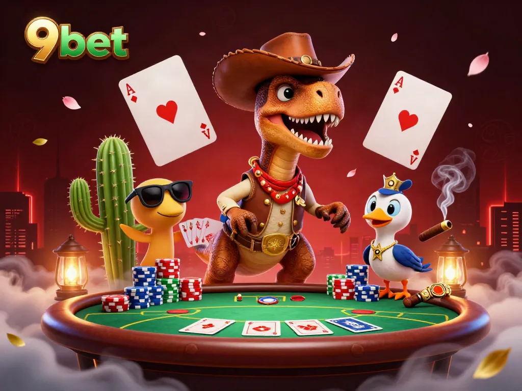 Engage with 9bet's dynamic live casino scene featuring vibrant characters and poker action.