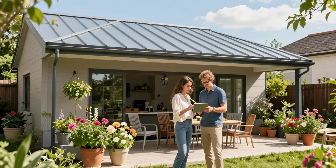 Terrassenüberdachungen aus Aluminium in einem einladenden Garten mit blühenden Pflanzen.