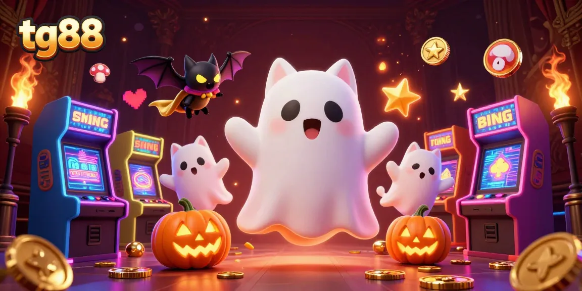 Experience the thrilling world of tg88 as a friendly ghost cat and a vampire bat explore a haunted casino.