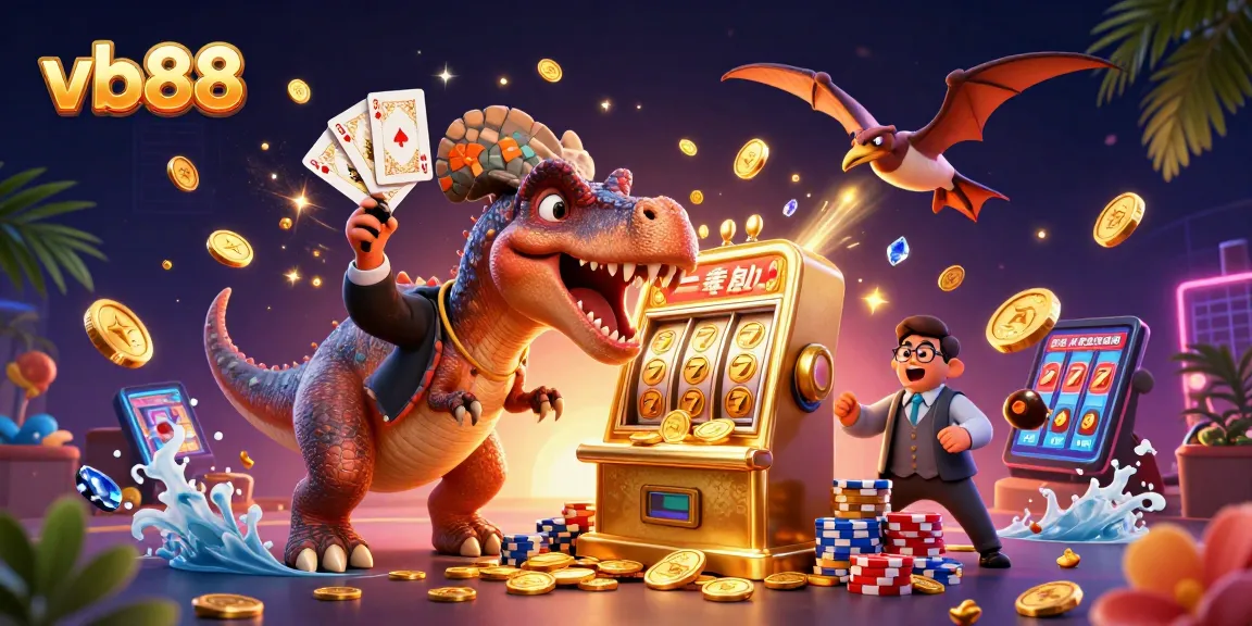 vb88 showcases a cartoonish dinosaur celebrating jackpot wins at a casino, with dynamic coins and cards.