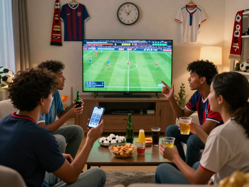 Wetten Fußball: Freunde diskutieren angeregt über Wettquoten in einem gemütlichen Wohnzimmer.