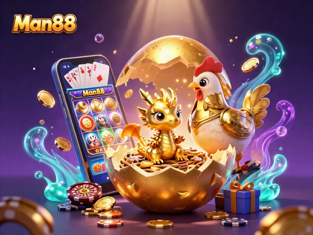 Experience the thrill of Man88 with a cinematic digital illustration featuring a golden baby dragon and vibrant casino elements.