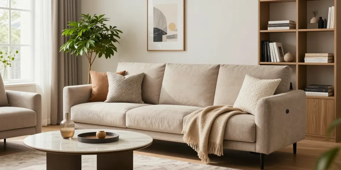 Stylisches modernes Wohnzimmer mit beigem Sofa und dekorativen Elementen, ideal für Möbel online kaufen.