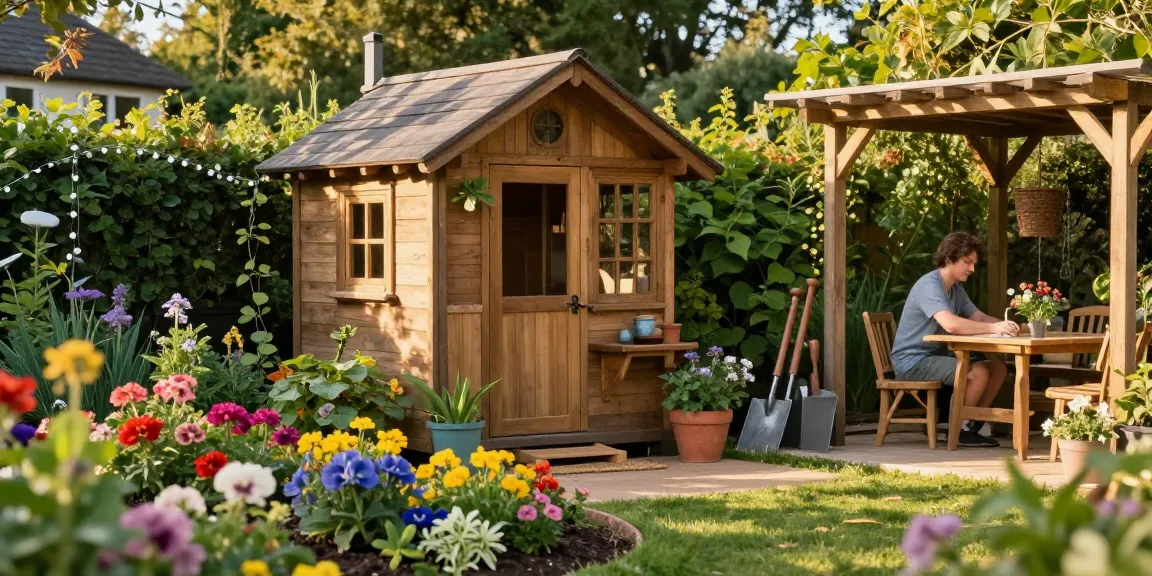 Gartenhaus aus Holz in einem blühenden Garten mit Möbeln und Werkzeugen.