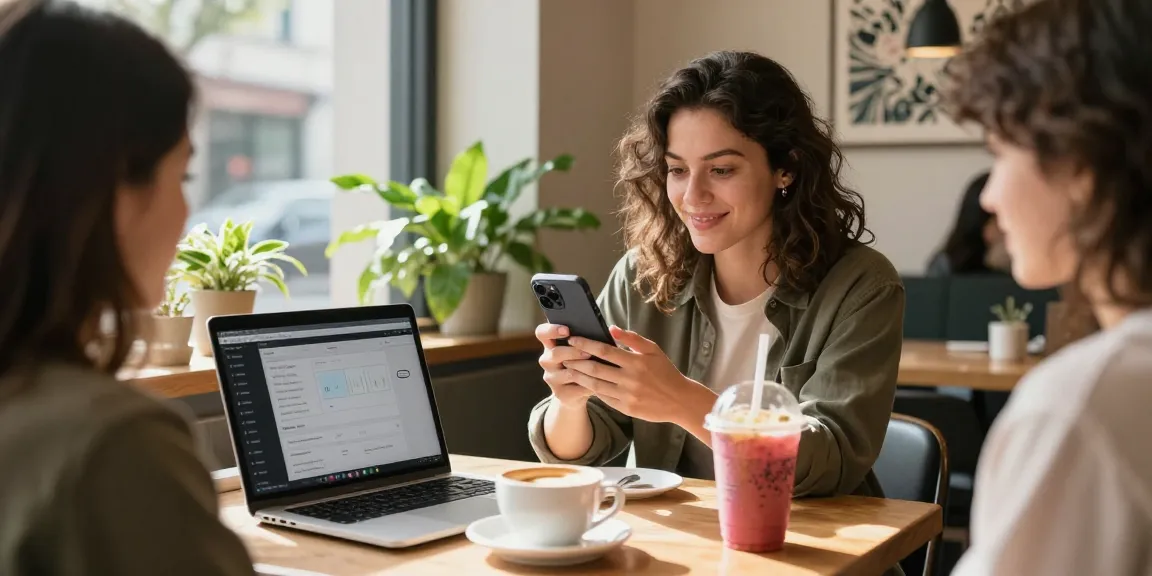 Kate, die TikTok-Follower kauft, interagiert in einem Café mit ihrer Community und zeigt Inhalte.