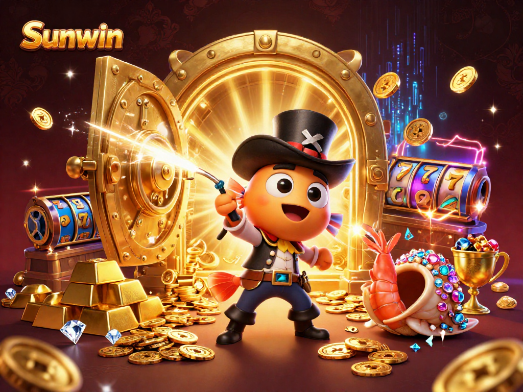 Sunwin attracts players with a vibrant scene of gold coins and treasures in a dynamic casino adventure.