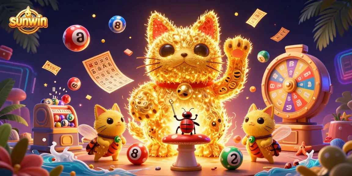 Experience sunwin's thrilling moments with a vibrant lucky cat surrounded by casino treasures.