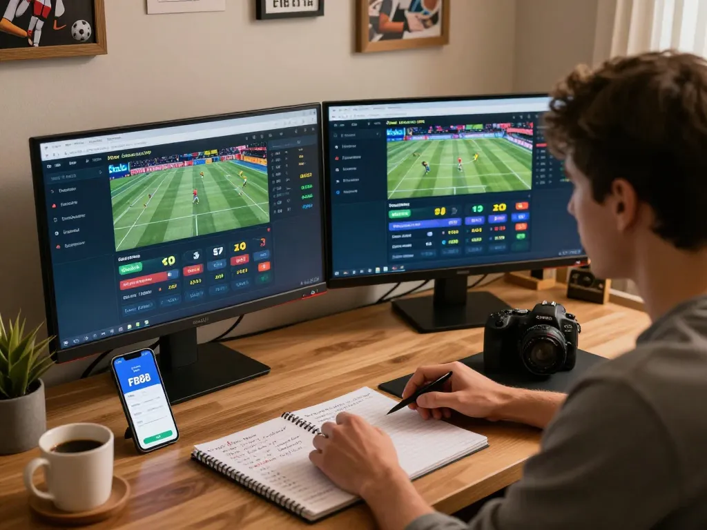 Engaged user analyzing kèo nhà cái fb88 on dual monitors in a cozy study.