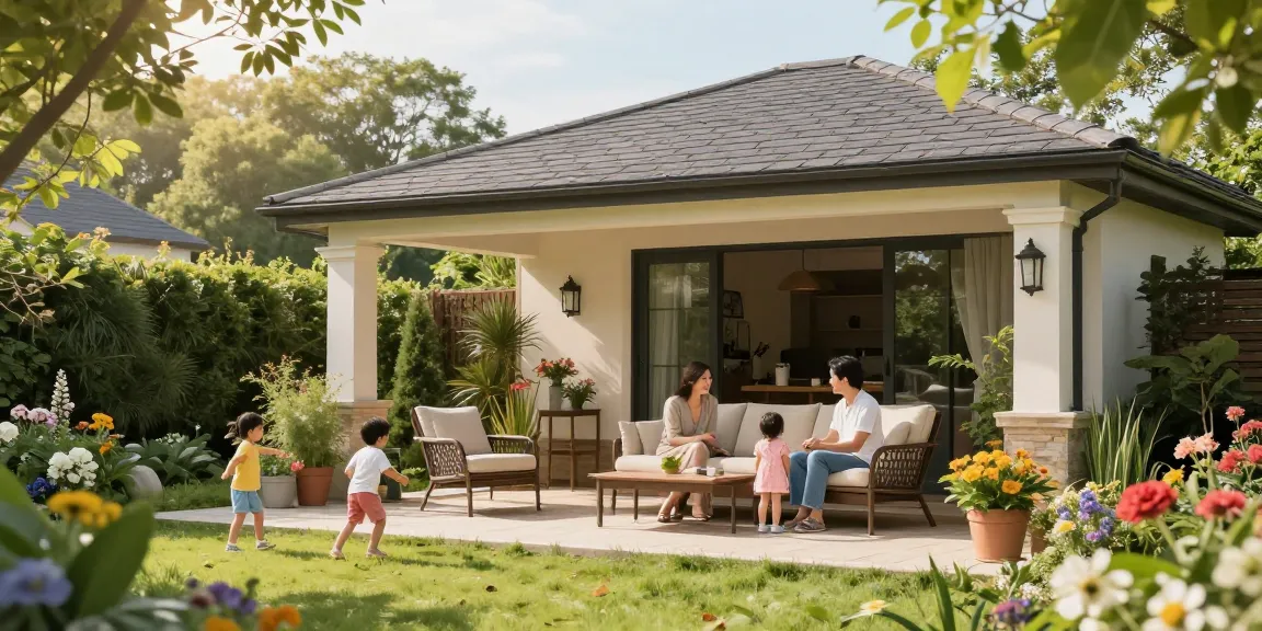 Freistehende Terrassenüberdachung in einem eleganten Garten mit einer Familie, die einen sonnigen Tag genießt.