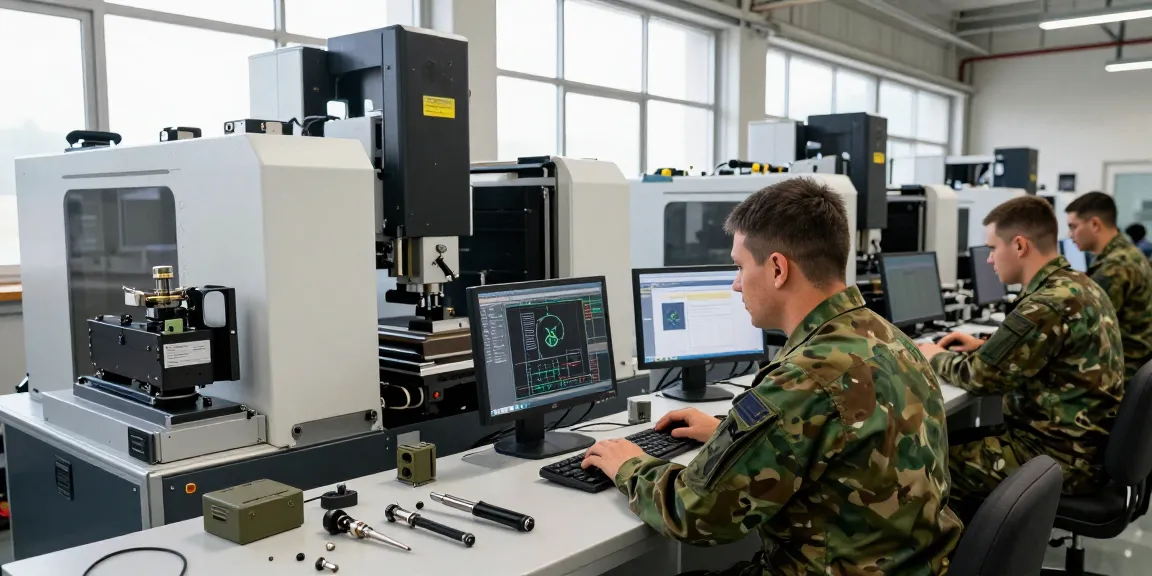 Präzisionstechnik Militär in modernem Fertigungsumfeld mit Experten.